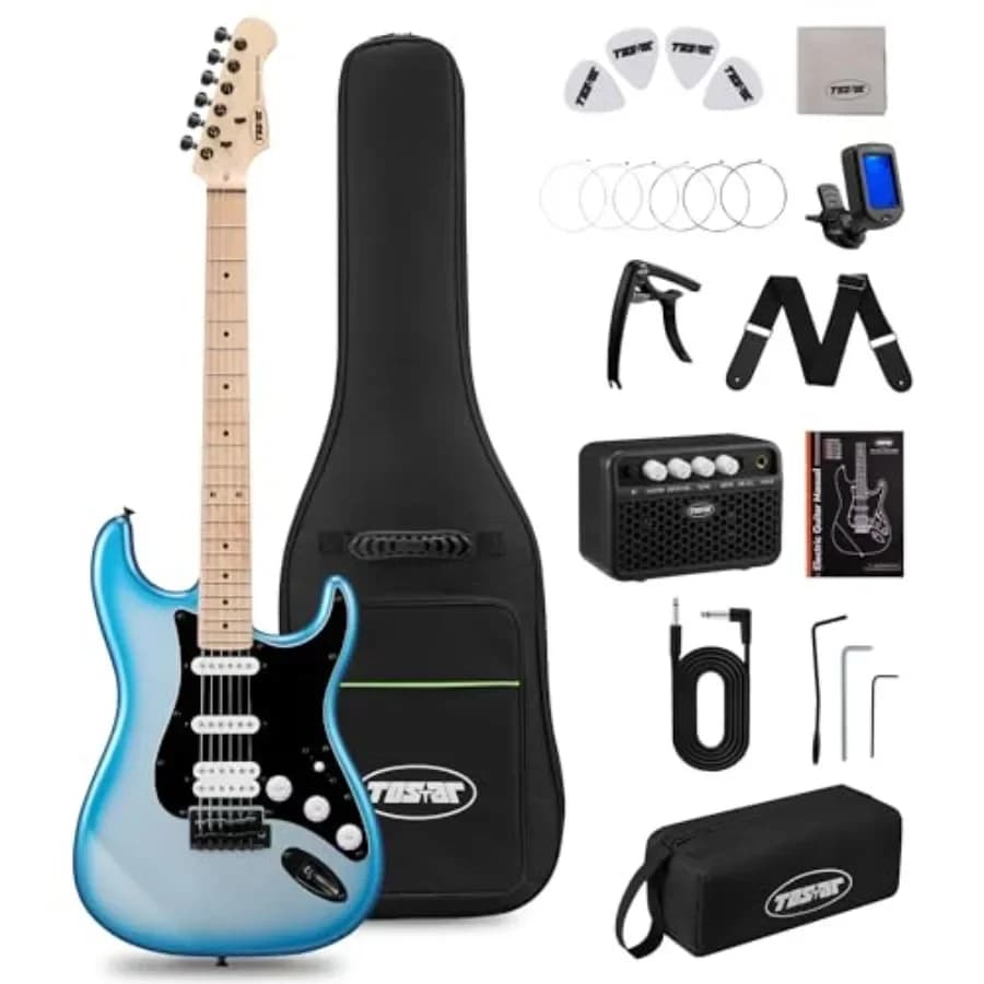 Electric Guitar Kit for Beginners: Royal Blue Metallic, HSS Pickup, Full-Size 39 with Amp, Gig Bag, Capo, Tremolo, Strap, Picks