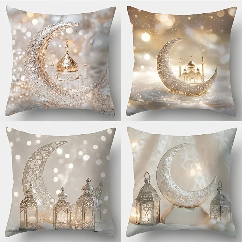 Fodera per cuscino stampata con lanterna a mezzaluna del Ramadan a doppia faccia, federa decorativa per divano, casa, camera da letto, arte islamica musulmana