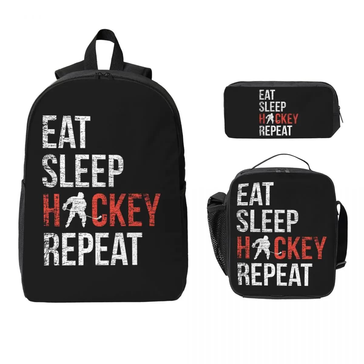 Zaino da hockey su ghiaccio per ragazzi Eat Sleep Hockey Repeat, borsa per libri, borsa da scuola, borsa a tracolla per laptop, set da 3 pezzi con borsa termica per il pranzo e astuccio.