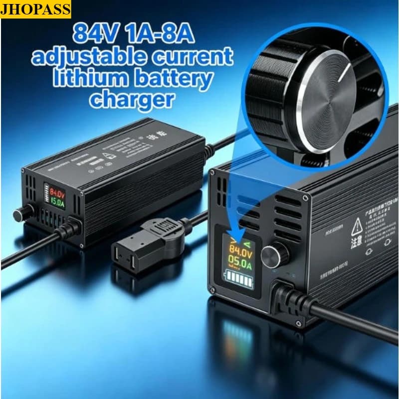 Caricabatterie Intelligente LCD 220V 84V 1A-8A 20S a Corrente Regolabile per Batterie agli Ioni di Litio e LiFePO4 per Carrelli Elevatori e Lavasciuga Pavimenti con Spina UK EU AU