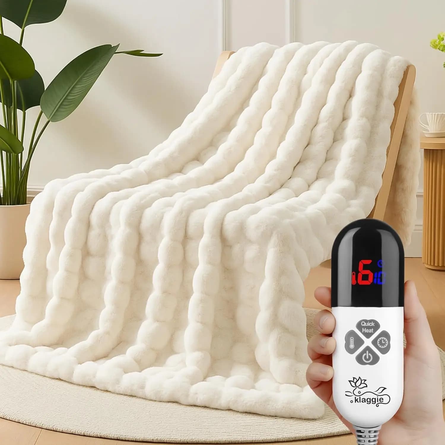 Coperta Elettrica Riscaldata Ultra Morbida Bianca 50x60 con 6 Impostazioni di Calore, Spegnimento Automatico e Protezione dal Surriscaldamento