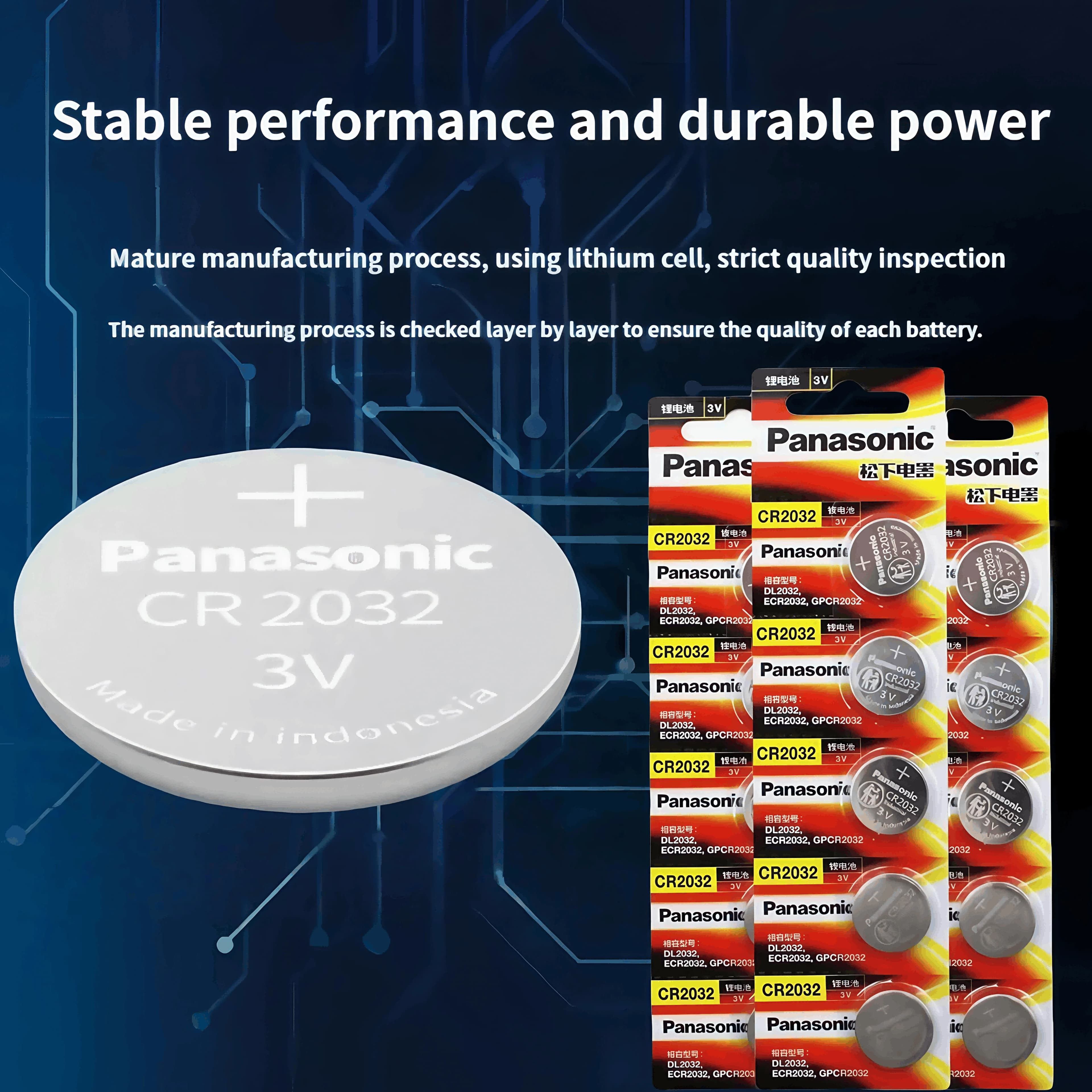Batteria Panasonic da 5-100 pezzi CR2032 3V per apparecchi acustici, monitor del glucosio, luce LED, elettronica