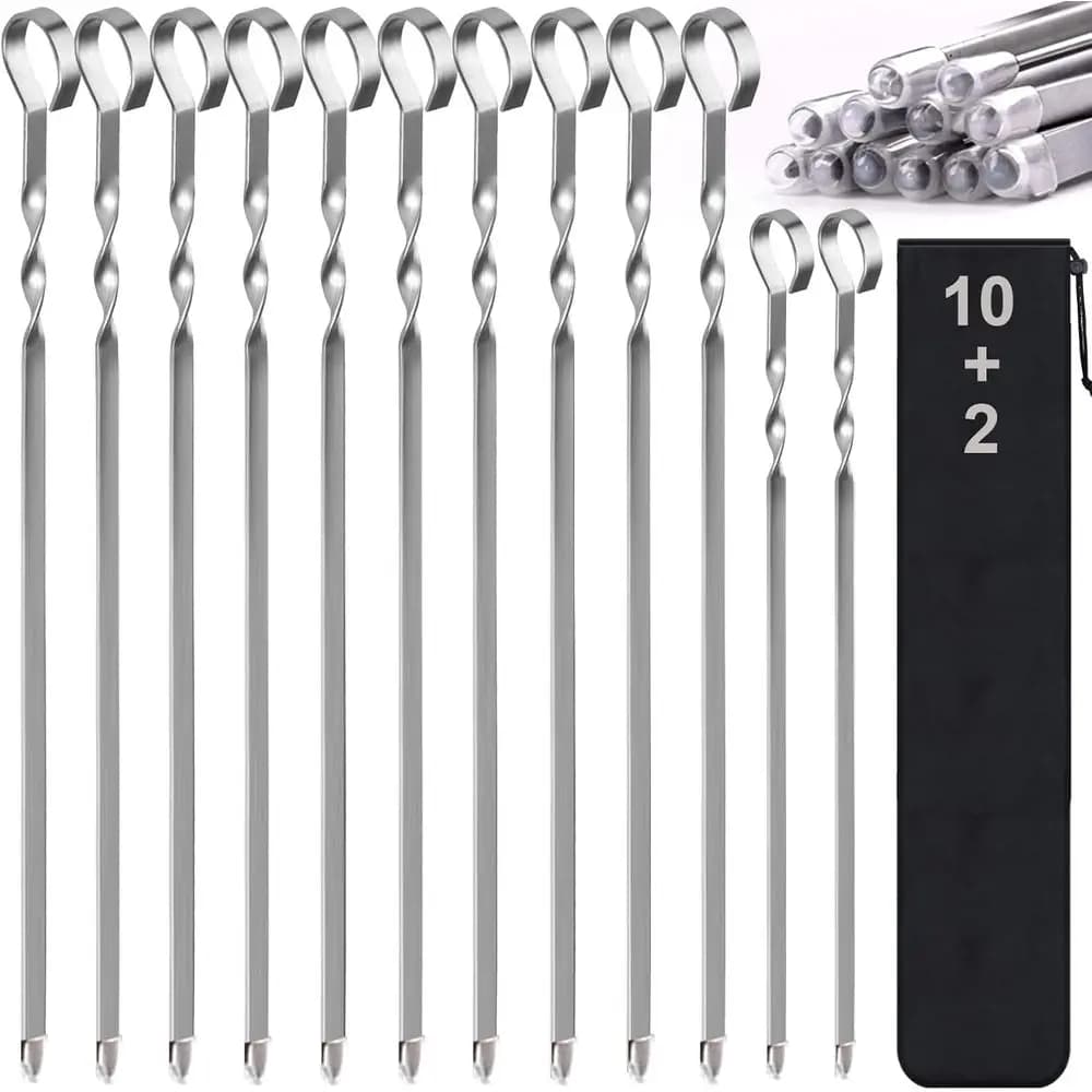17 Stainless Steel Skewers - Reusable BBQ Grilling Sticks for Meat, Chicken, and Vegetables, 12 Pack with Bonus 14