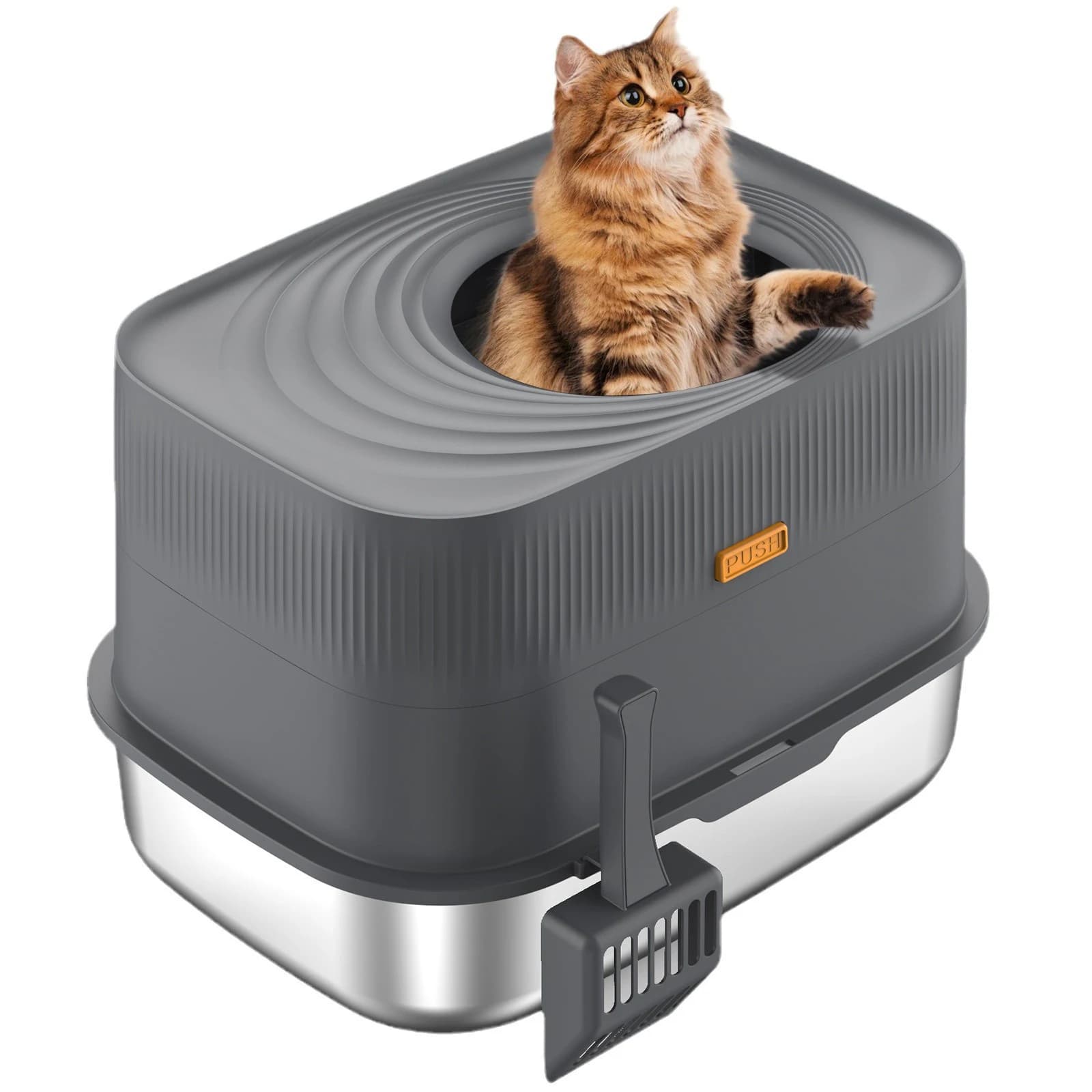 Lettiera per gatti in acciaio inossidabile con ingresso superiore, coperchio e paletta, a forma di vasca chiusa (Grigio scuro)