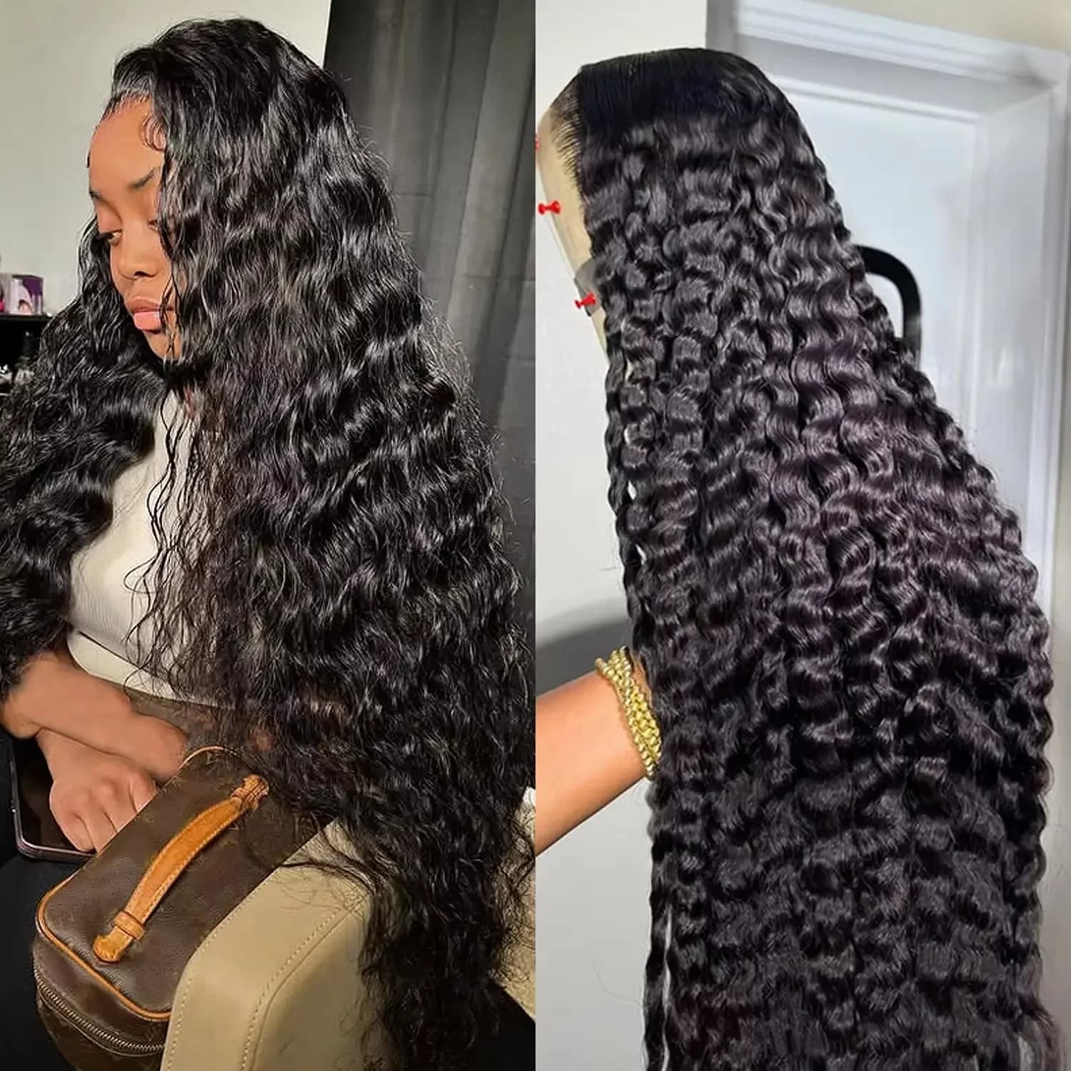 Frontal Wig in Pizzo 13x6 HD Transparent, Human Hair Corrugated, Density 250, Ricci 40-44 Inches, Pre-Sfoltita, Brazilian Hair for Women of Color