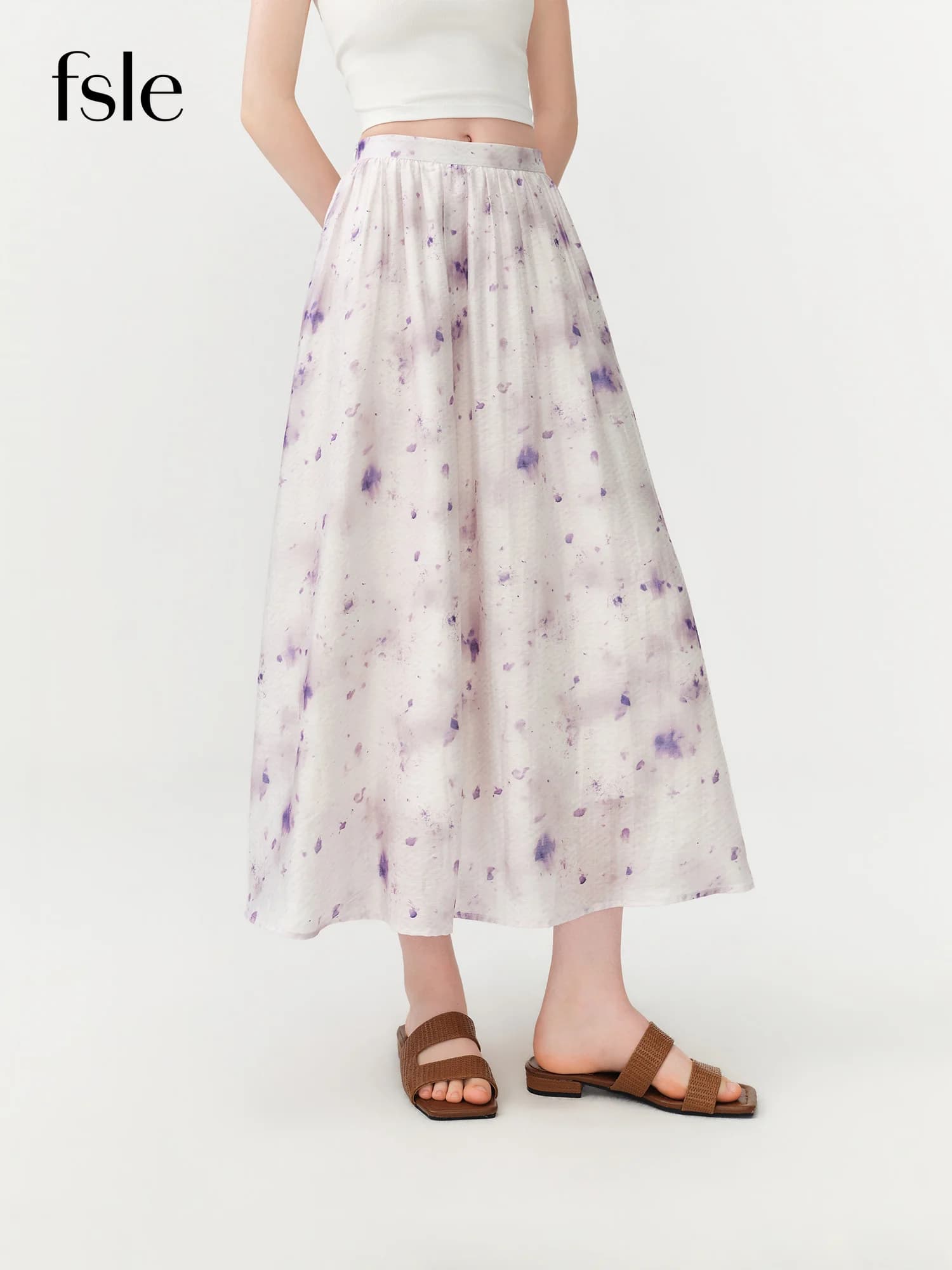 FSLE 2026 Summer Women's Lilac Tie-Dye A-Line Midi Skirt with High Waist and Flowey Drape for Vacation and Daily Outings
