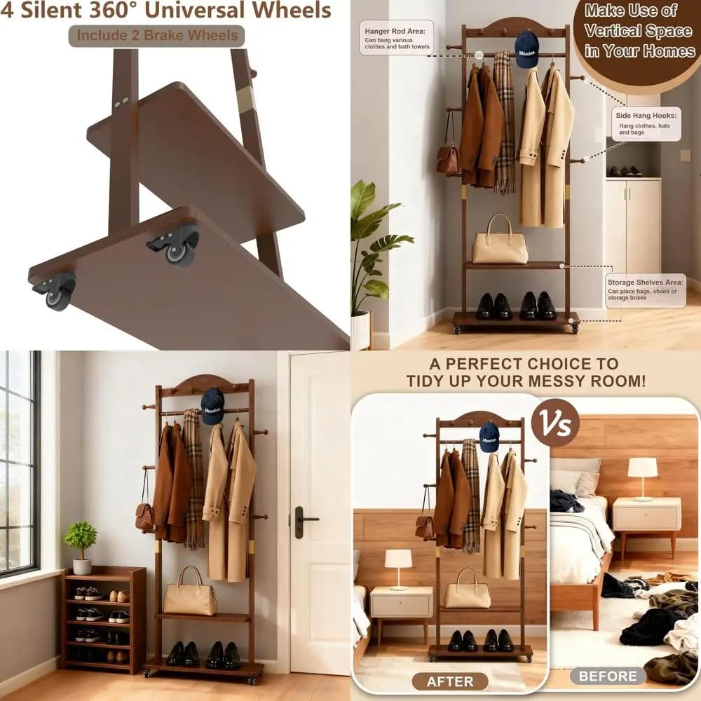 Ground hanger with wheels - Resistant hanger with 2 shelves, wooden hanger stand with 4 upper hooks