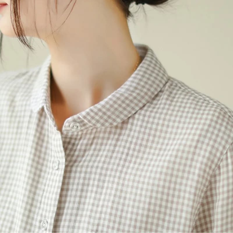 Camicia Lunga a Maniche Larghe in Cotone e Lino, con Colletto a Bambola e Fantasia Scozzese, da Donna, Stile Dolce, con Bottoni, Top alla Moda, Strato Base
