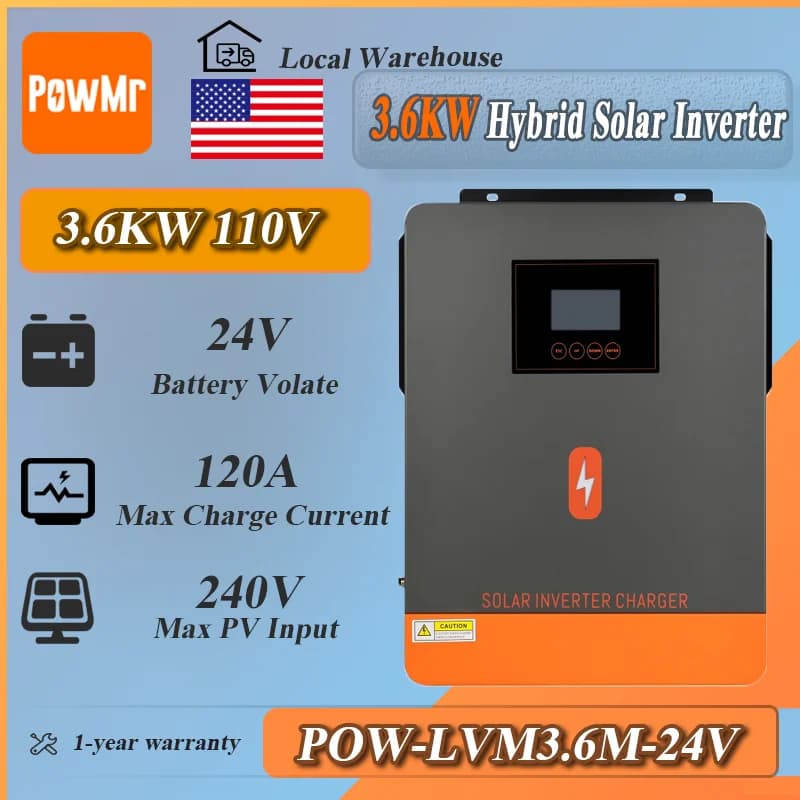 PowMr 3.6KW Solar Hybrid Inverter 120A MPPT Solar Charge 24V DC to 110VAC Pure Synusoidal Wave Converter Lifepo4 Support for Solar Home
