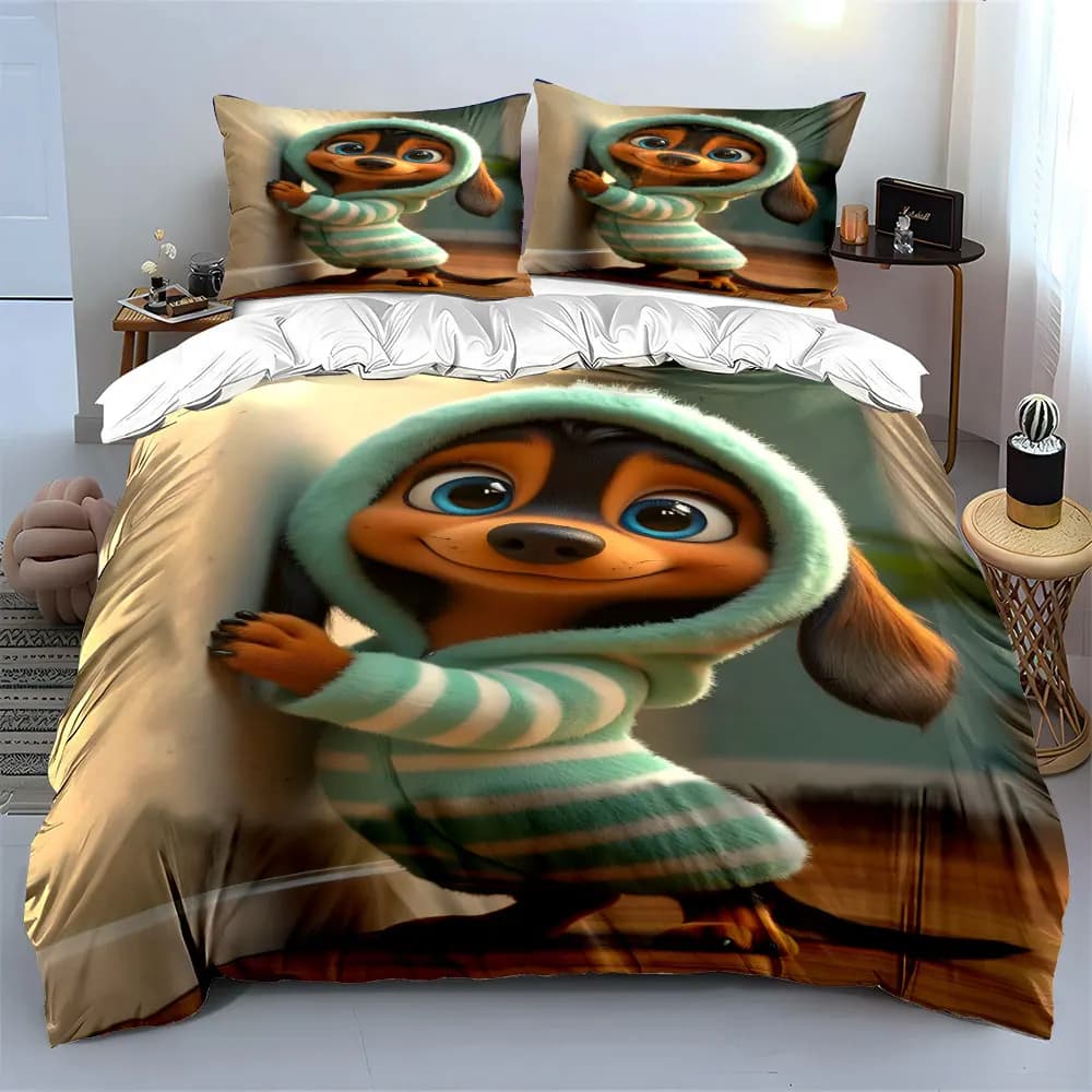 Adorable dog in striped hoodie Print Bedding Set 1 Duvet Cover 2 Pillowcases for Adult and Children Luxury Gift Full Size