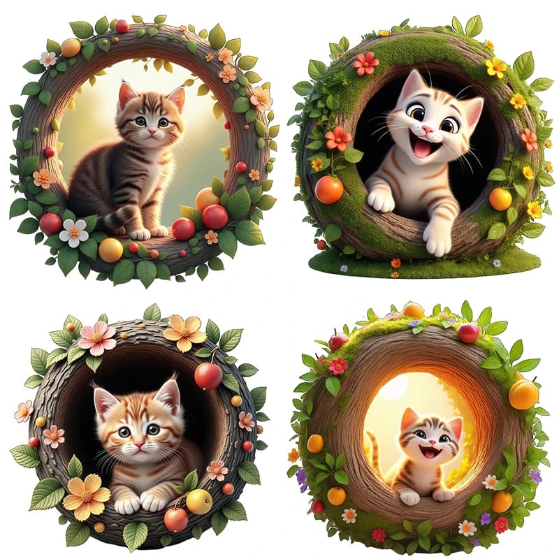 Tre Ratels CG131 Happy Cat in Tree Hole Adesivi murali animali per la decorazione domestica, decalcomanie per la scuola materna