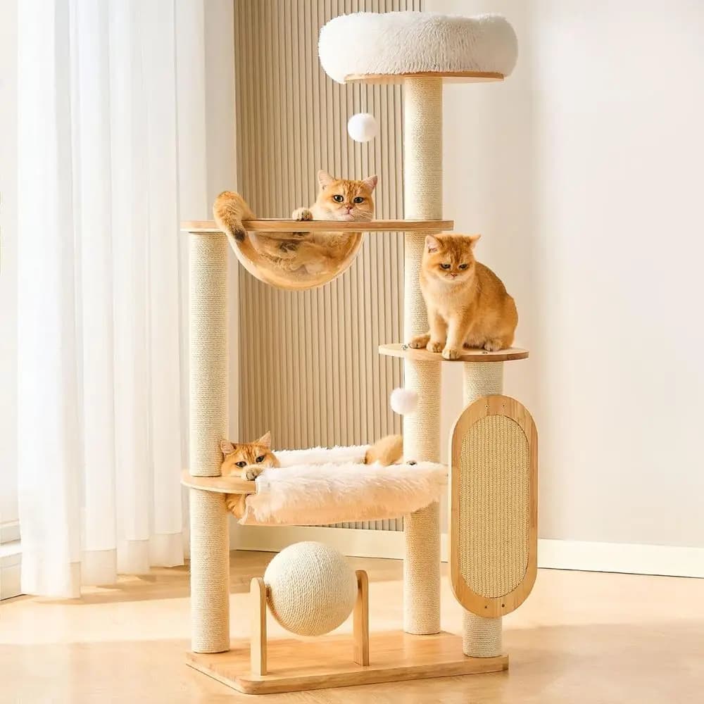 HITTITE Albero per Gatti in Legno Massello con Tiragraffi, Torre per Gatti Alta 135 cm con Tavola Tiragraffi e Palla Tiragraffi