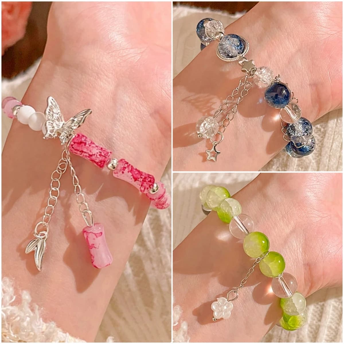Bracciale elasticizzato con perline acriliche blu scuro per donna Braccialetti con ciondoli a forma di stella color argento moda Braccialetti Gioielli da polso elastici