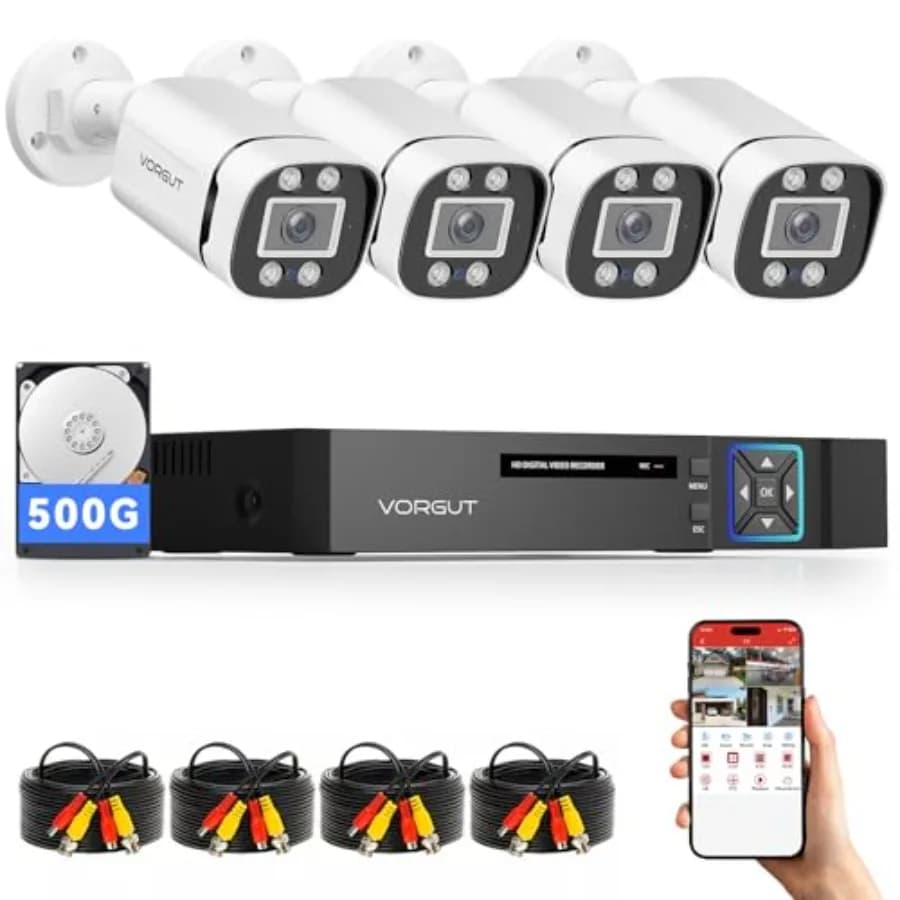 Outdoor wired security camera system: 4-channel 5MP AHD/TVI DVR with 500GB HDD, 4pcs bullet cameras, smart motion detection, ni