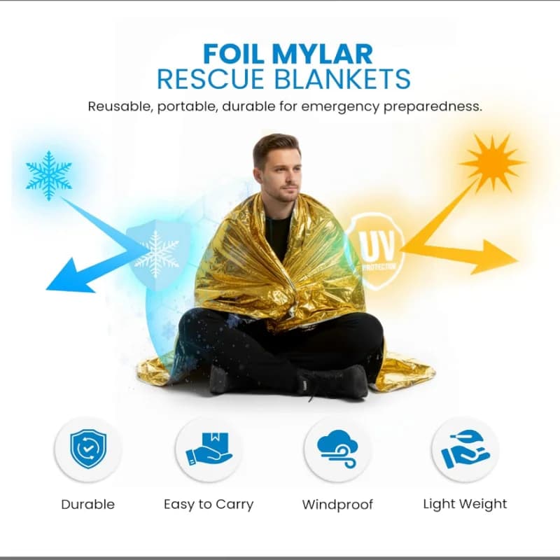 10PCS 62×82 Inch Gold Polyester Mylar Survival Blankets Waterproof Reflective Thermal Sheets Lock 90% Body Heat for Camping Hiki