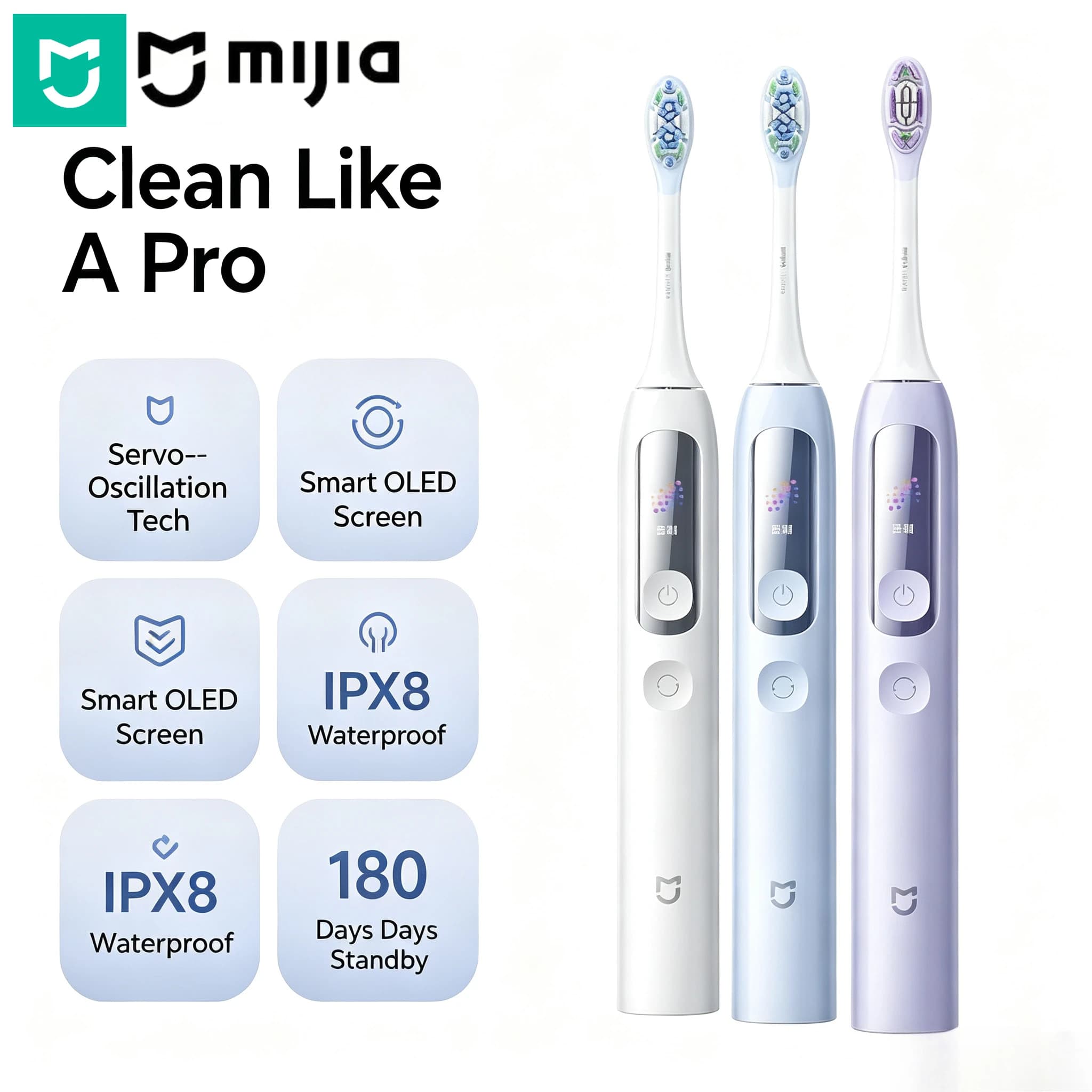 MIJIA Servo-Oscillation Electric Toothbrush Pro 180 Days Battery IPX8 Waterproof Travel Lock App Control Adult Oral Care Brush