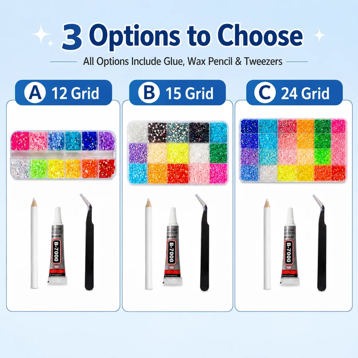 3mm Flatback Rhinestones Kit 12/15/24 Grids Color Set with Tweezers Wax Pencil B7000 Glue for DIY Jewelry Making Craft Supplies