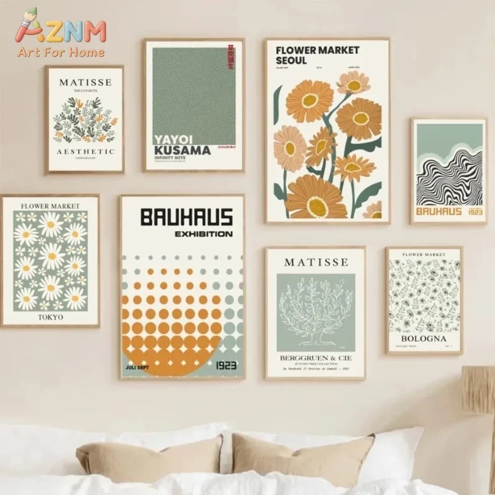 AZNM Sage Green Matisse Yayoi Kusama Bauhaus Flower Market Canvas Wall Art Retro Floral Abstract Exhibition Print Unframed Canva