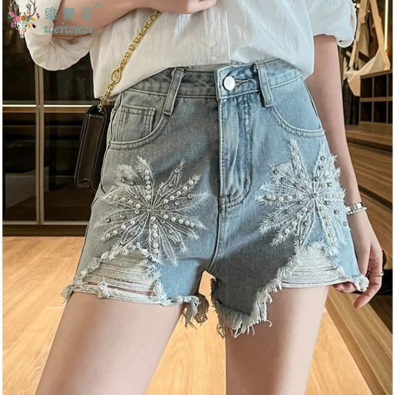 Luxury Diamond Beading Women Mini Denim Shorts Summer Spicy Girl Ripped Hot Pants Sexy Show Peach Butt High Waist Wide Leg Jeans