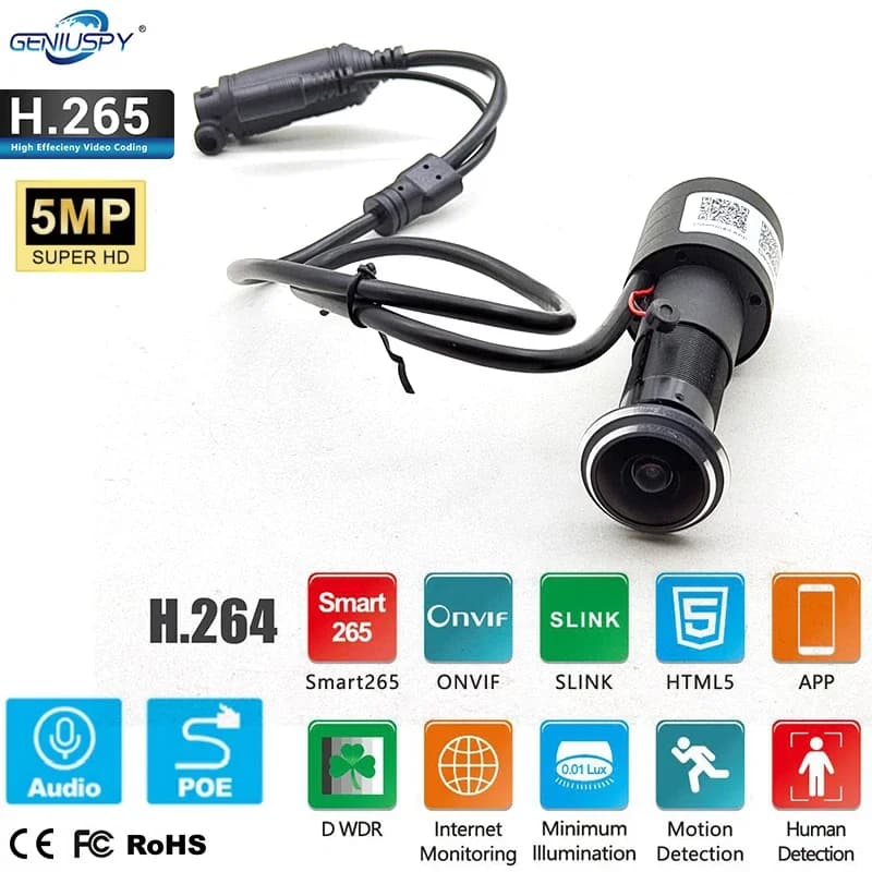 Geniuspy HD 5MP Fisheye Peephole POE IP Camera Audio Mini Door Eye Hole Camera P2P telecamera di sorveglianza di rete di sicurezza Seeasy