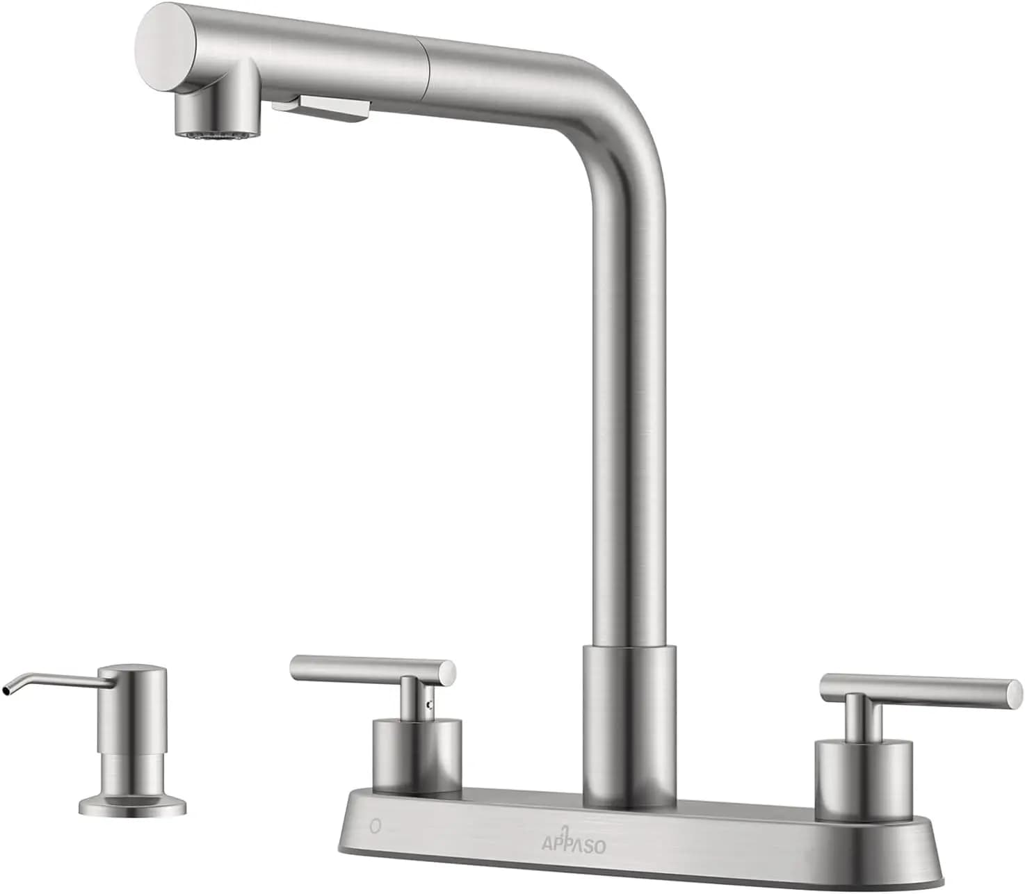 Rubinetto da cucina a 2 maniglie con doccetta estraibile, finitura nichel spazzolato, dispenser sapone incluso per lavello, camper o bar