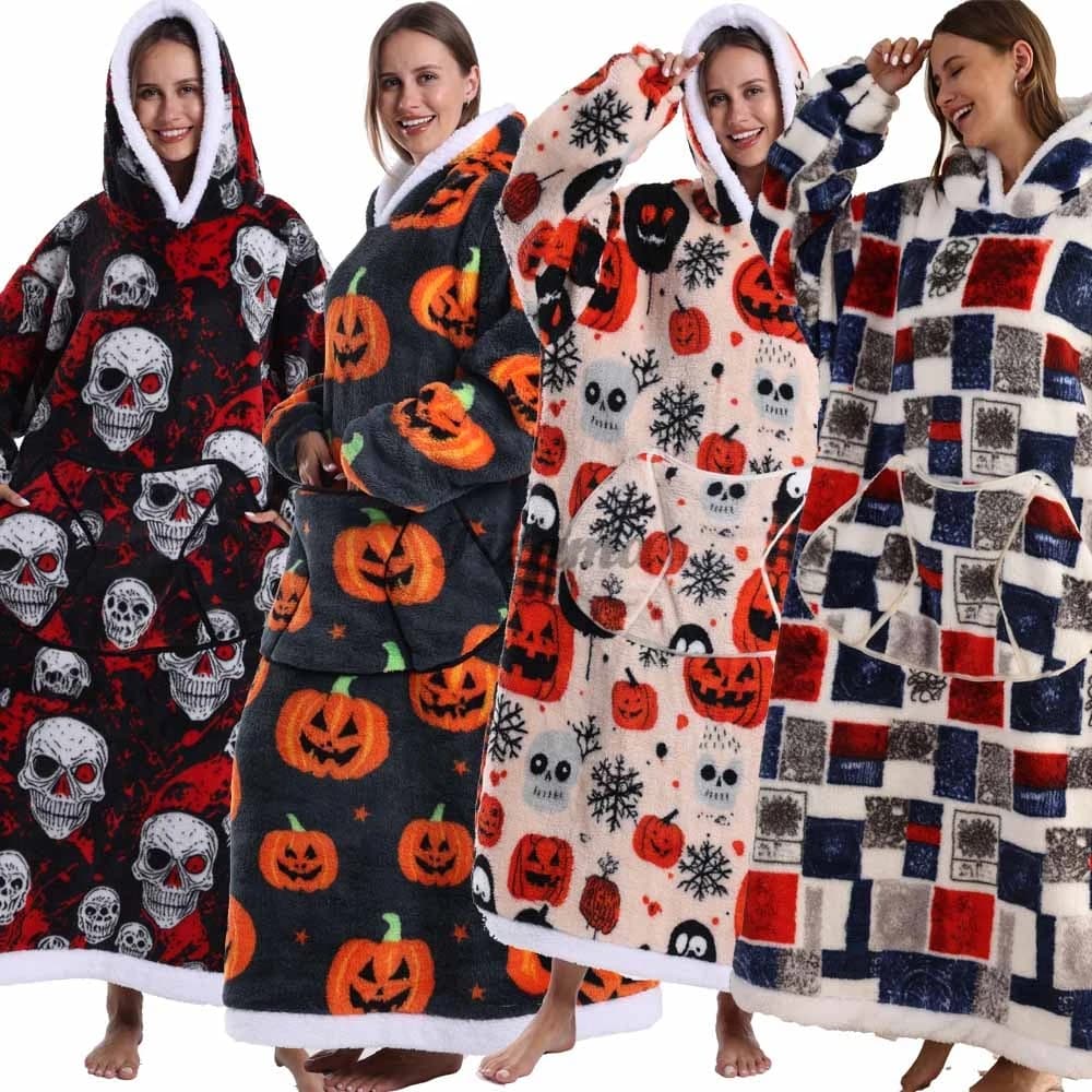 Halloween Costume Extra Long Wearable Blankets Winter Flannel Hooded TV Blanket with Full Sleeves Men Women Cozy Soft Adult Robe