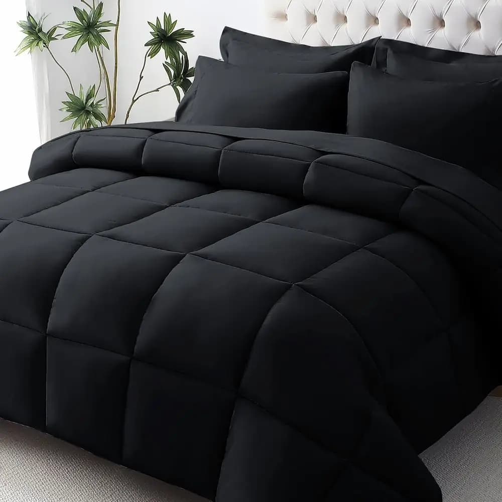 Set completo di biancheria da letto, set da 7 pezzi per letto matrimoniale, certificato Oeko-TEX, con piumino alternativo alla piuma e lenzuola.