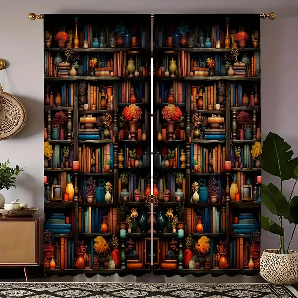 Artistic theme of vases and bookshelves Print Drapes Room Darkening Window Curtains for Home Decor,Rod Pocket Blackout Curtains