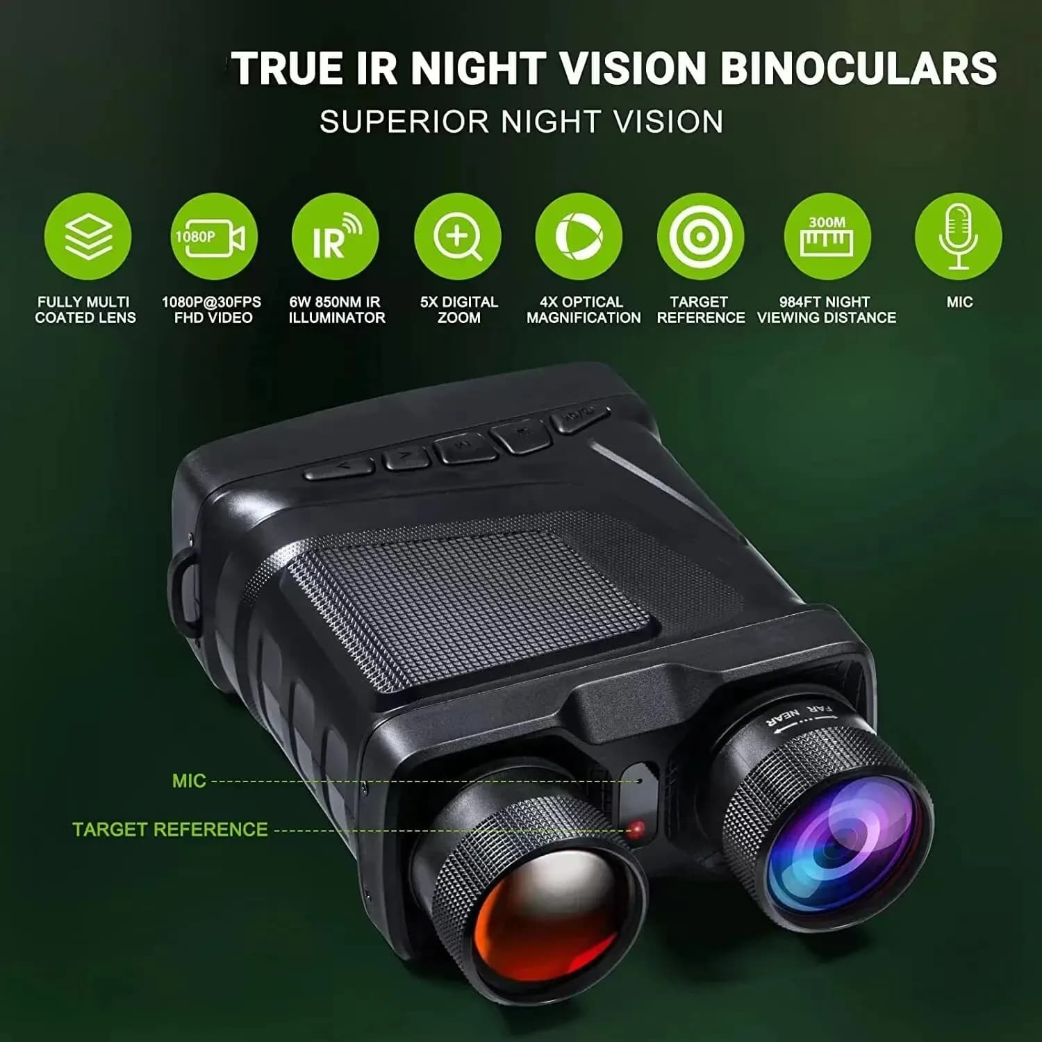 Binocolo per visione notturna HD 1080P, zoom digitale 5X a infrarossi 850nm, portata 300 m, occhiali per caccia all'aperto, campeggio e visione al buio completo