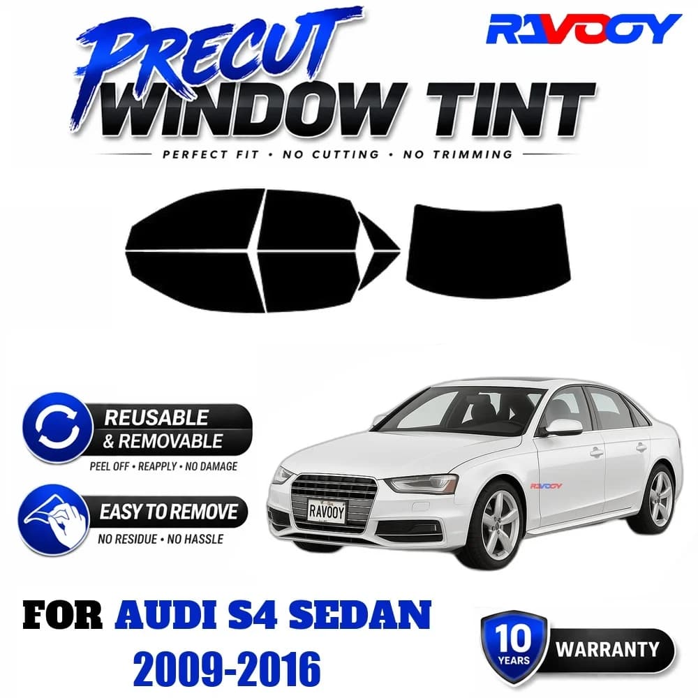 RAVOOY Precut Window Tint, Reusable Removable EPU Film, Custom Fit for Audi S4 Sedan 2009-2016, UV Heat Protection