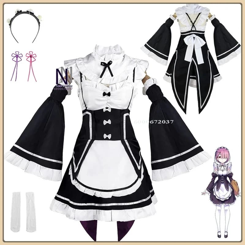ABC123Re:Zero - Starting Life in Another World Rem Costume Cosplay, Adorabile Abito da Cameriera Lolita per Comic Con/Halloween,3;b'2.