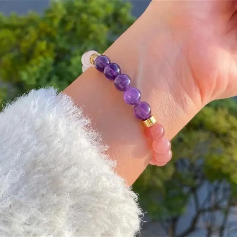 Natural Amethyst Rose Quartz Beaded Bracelet Gold Spacer Beads Elastic Stretch Crystal Bracelet Women Healing Wrist Jewelry