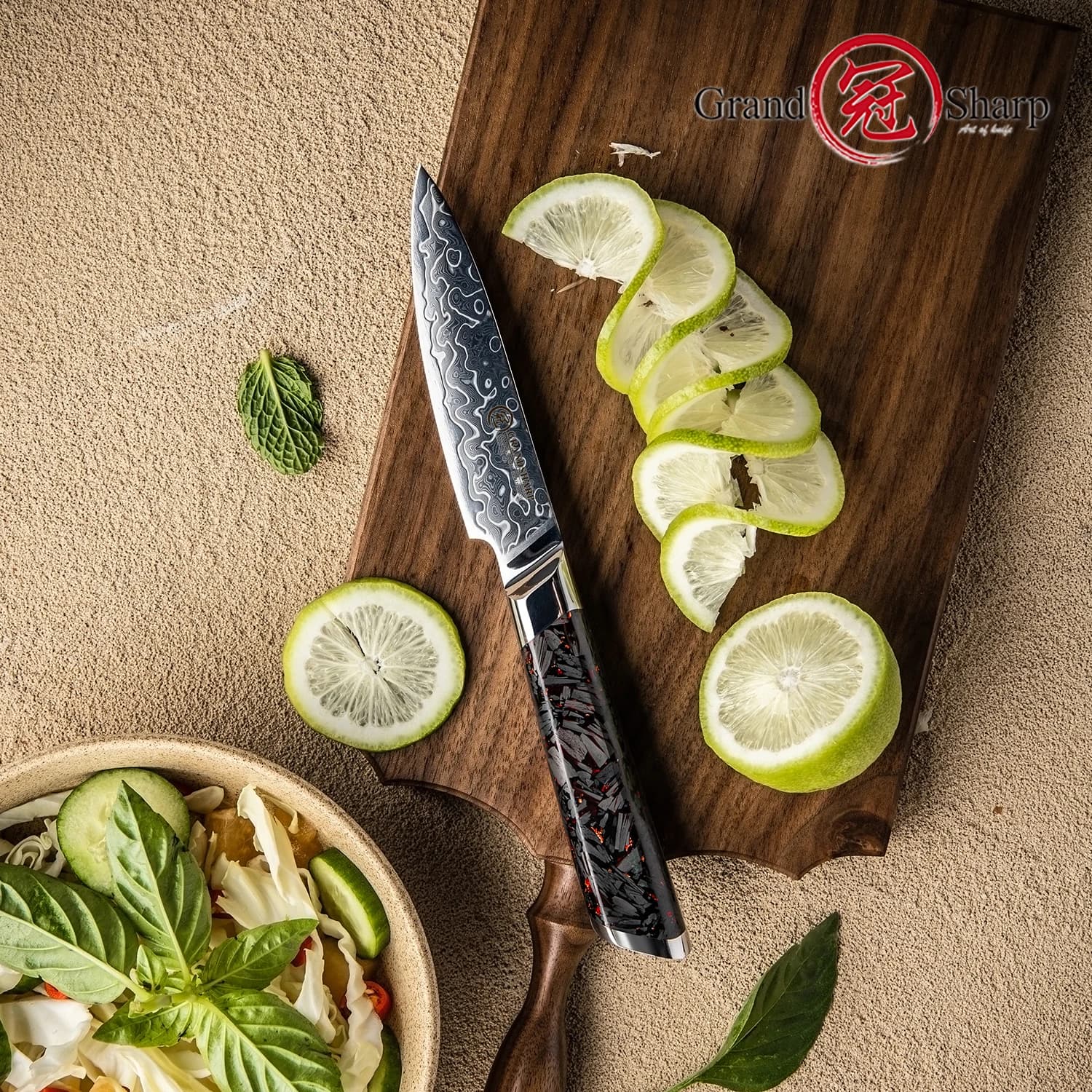 Coltello da cucina Grandsharp 4'' in acciaio Damasco a 129 strati con nucleo in 10Cr15MoV, lama affilata per sbucciare e pelare frutta.