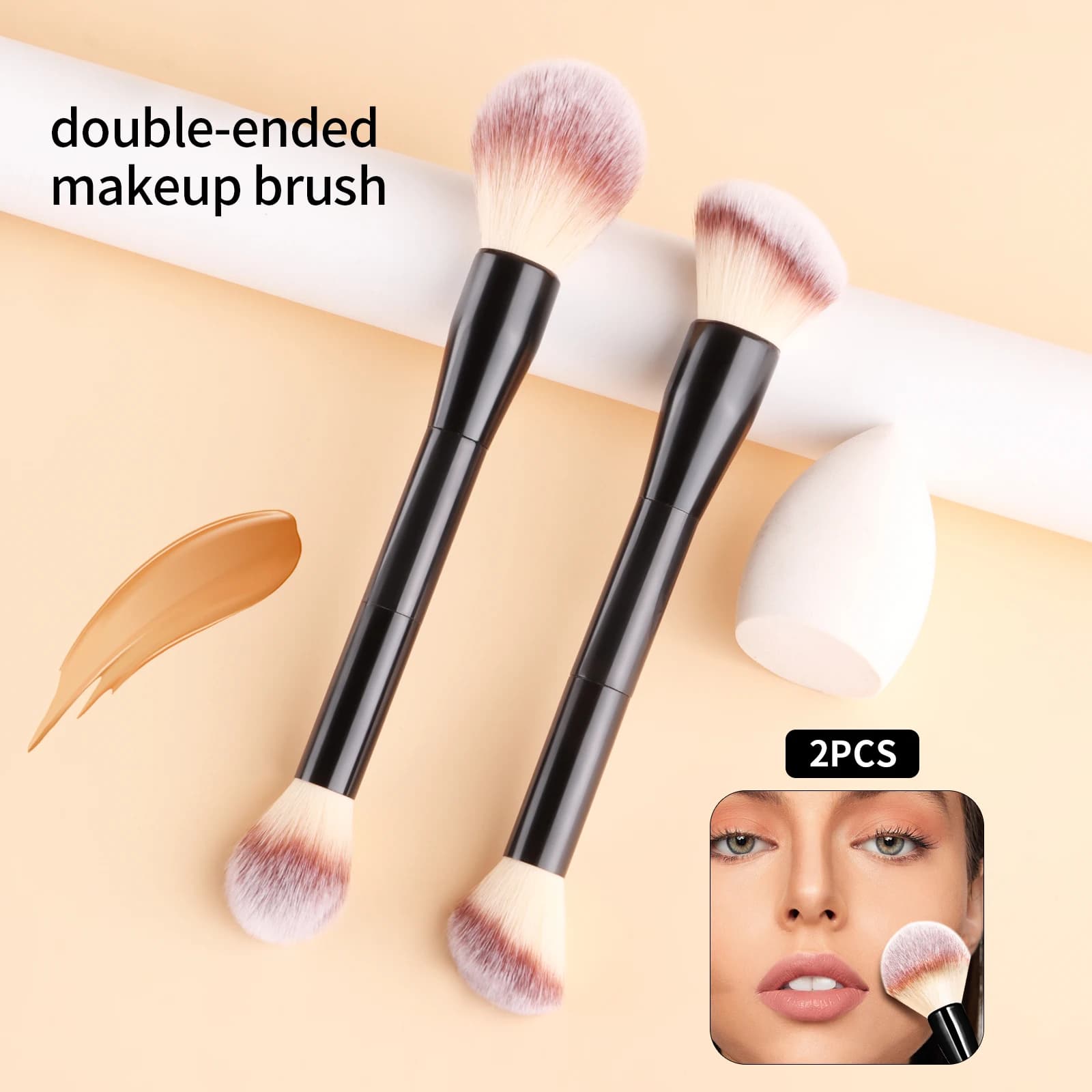 2Pcs Double End Blush Makeup Brushes With Beauty Sponge Dual Head Blush Highlight Concealer Full Face Cosmetic Kit