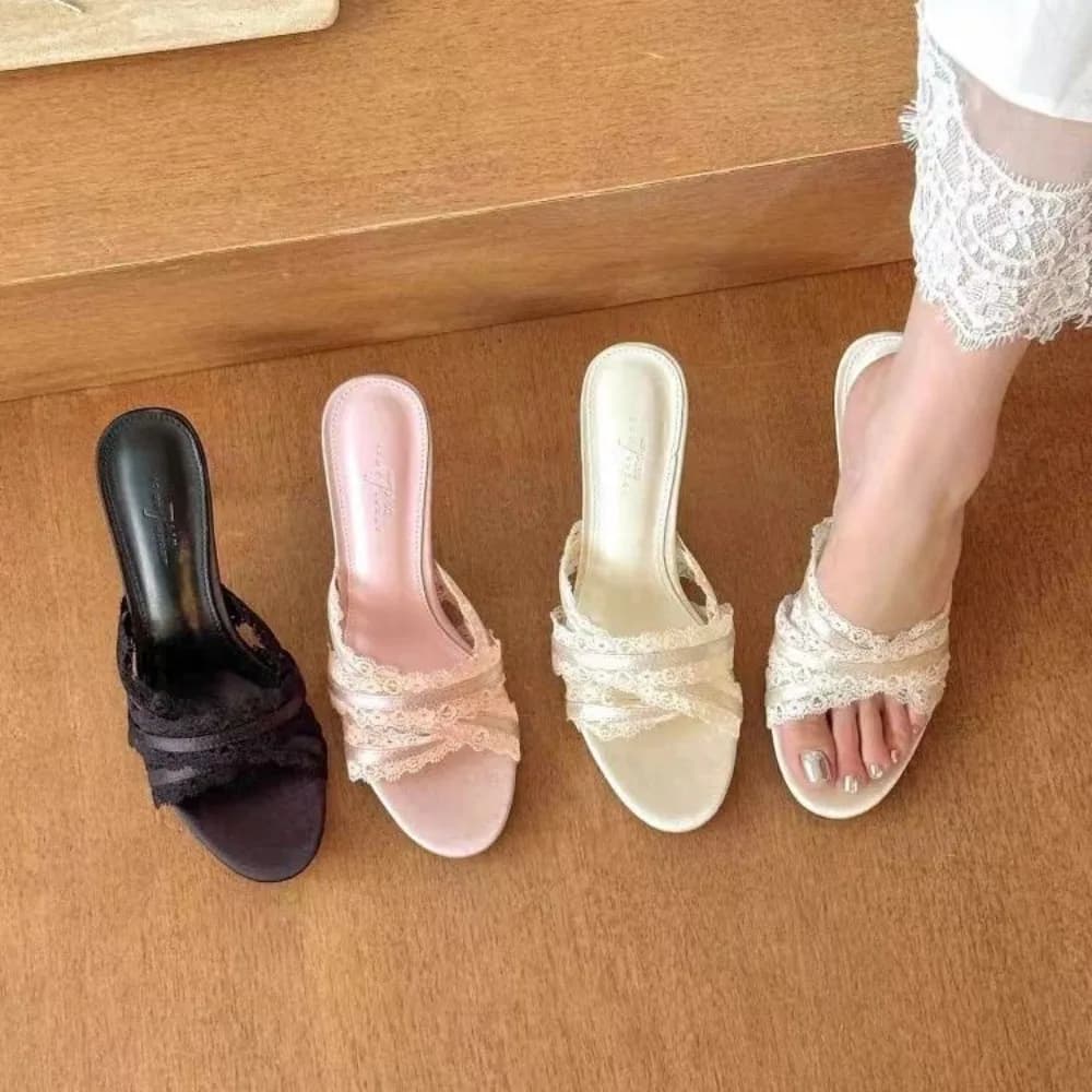 Women's sandals in French style, new for summer 2026, with high heel, round toe and single strap, fairy pattern.