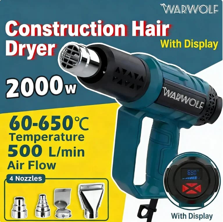 Pistola termica da costruzione Warwolf. Regolatore di temperatura continuo. Regolazione manuale da 2000 W, con display. 2000 W, 60-600 ° C.