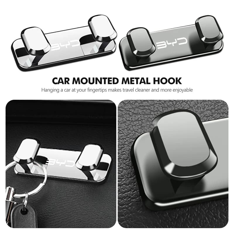 For BYD All Models Car Metal Hook Double Head Adhesive Hanger Auto Interior Storage Organizer Accessories
