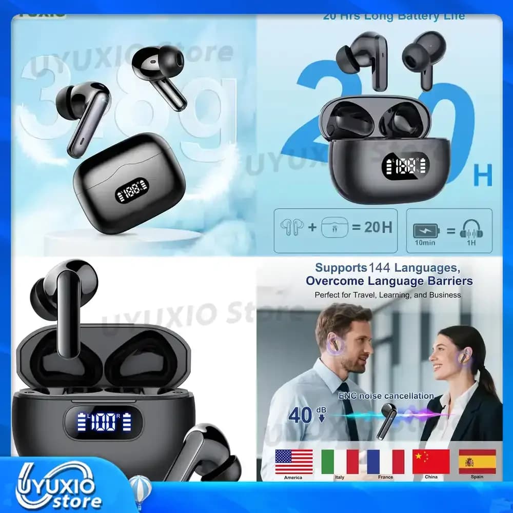 Auricolari Wireless BT 5.4 con Traduzione Linguistica AI in Tempo Reale per 144 Lingue, Nuovi Auricolari Traduttori per Affari
