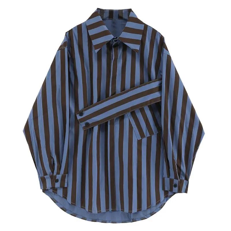 Korean striped shirt with asymmetrical personality, casual and fashionable lapel, loose fitting shirt blouse shirts