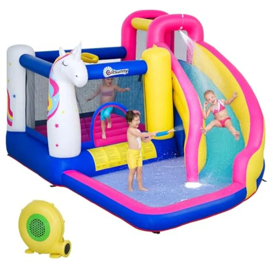 Scivolo d'Acqua Gonfiabile con Trampolino, Parete da Arrampicata, Cannone ad Acqua, Canestro da Basket, Piscina Splash, Soffiatore 450W, Unicorno