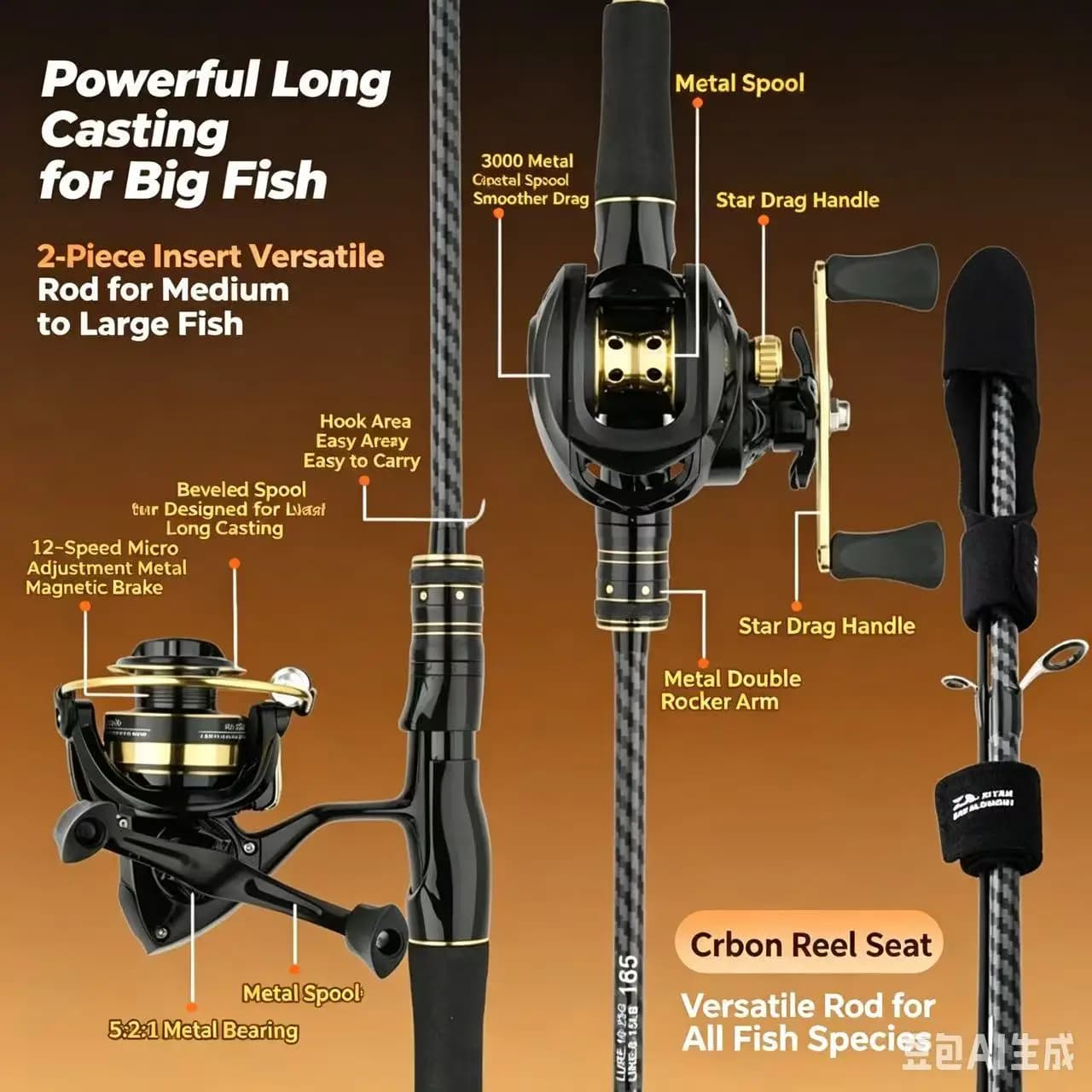 Canna da Pesca in Fibra di Carbonio e Mulinello Combo per Lanci a Lunga Distanza, Pesca in Mare Acqua Salata (Lunghezza: 1.66m/1.81m/2.11m/2.41m)