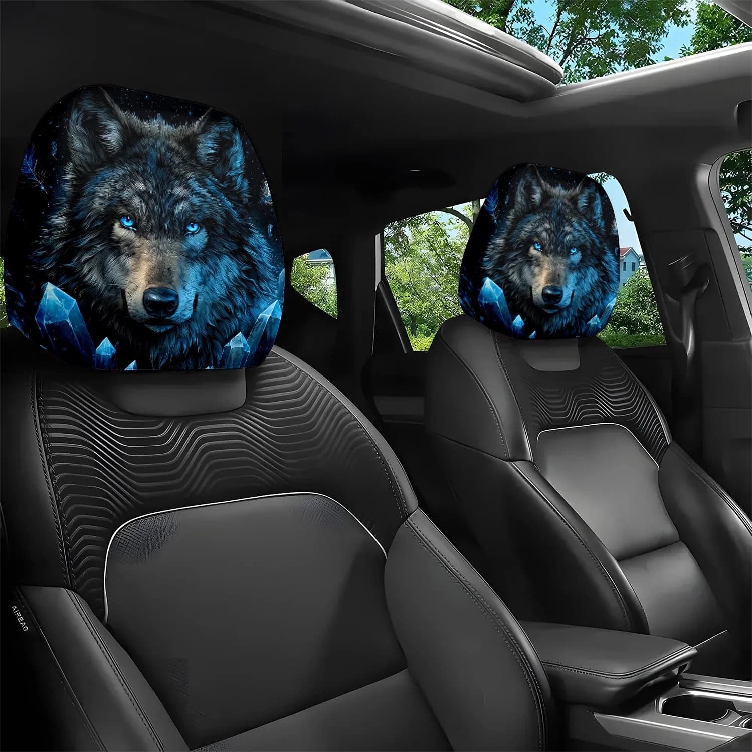 Set di 1 coprisedile per poggiatesta auto con stampa personalizzata Blue-Eyed Wolf Shadow Crystal Feather Night Sky, facile da pulire