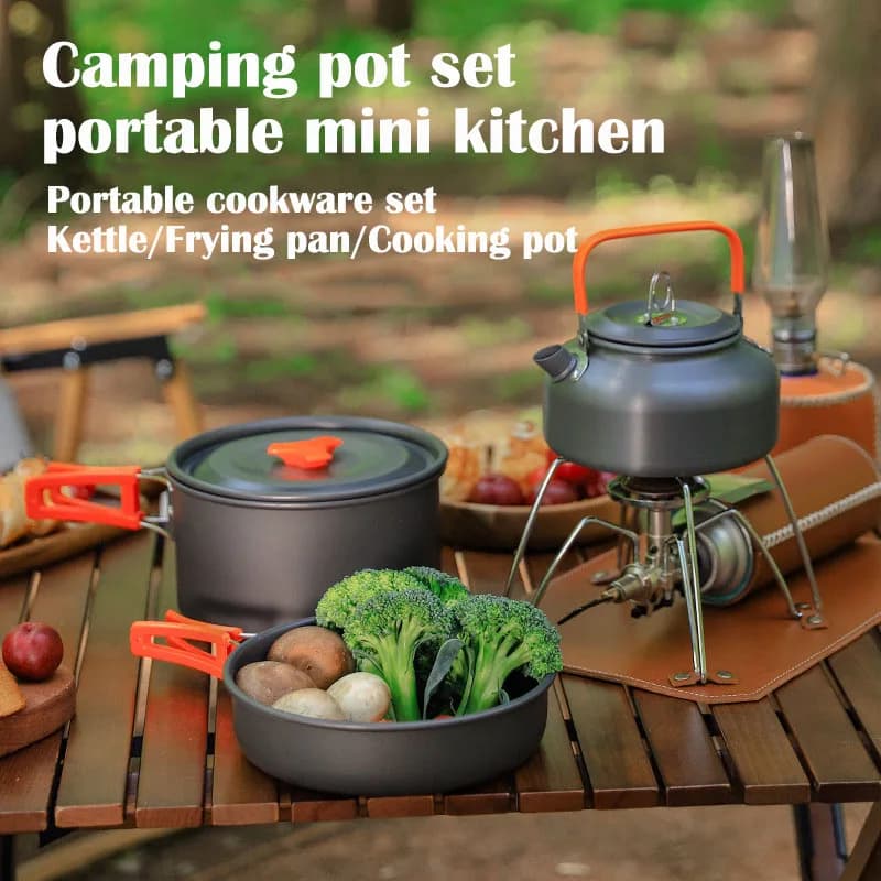 Set of outdoor picnic pots suitable for 3-4 people, aluminum alloy set with pot, kettle, large pan, portable camping set.