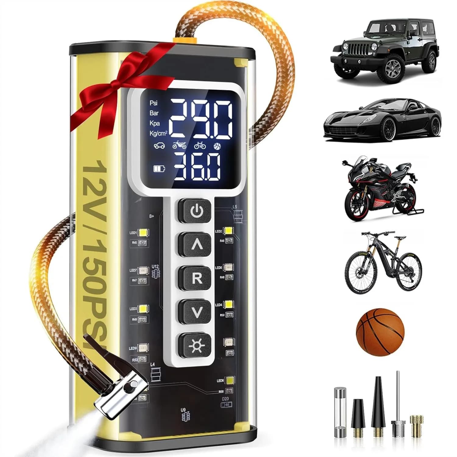 Compressore d'aria portatile per gonfiaggio pneumatici, pompa per pneumatici senza fili da 150 PSI per pneumatici auto con manometro, spegnimento automatico, luce LED, USB
