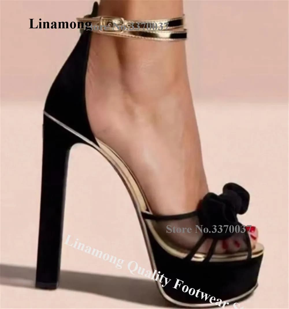 Linamong Black Suede Patchwork Gold Straps Chunky Heel Sandals Open Toe Mesh High Platform Thick Heel Wedding Pumps