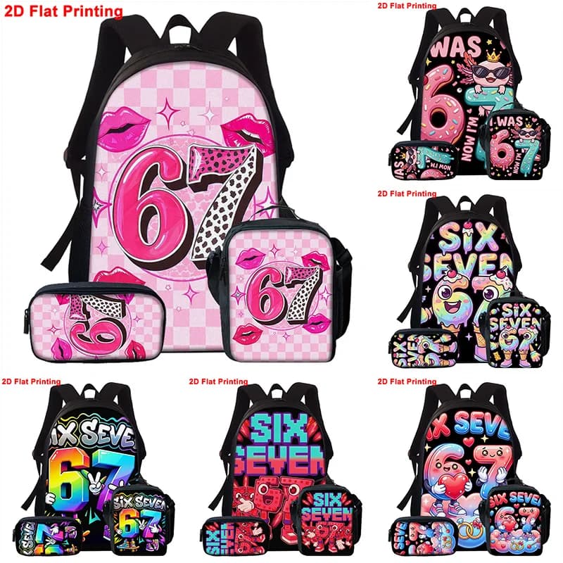3pcs Cartoon Number 67 Pattern Backpack Set Lightweight Large Capacity School Bag Travel Bag with Shoulder Bag Pencil Bags Gift