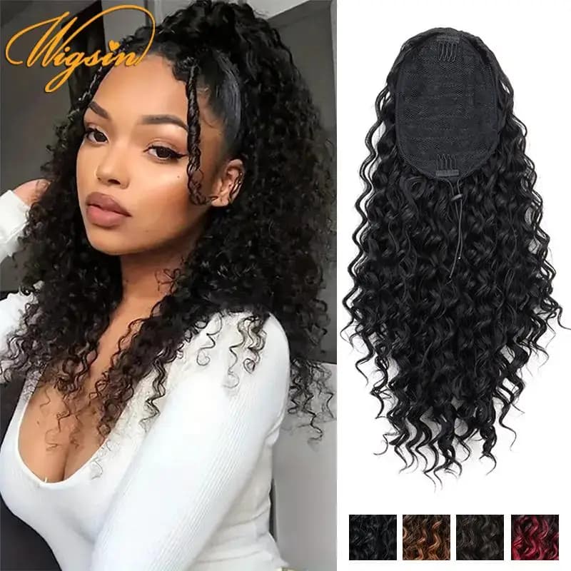 Synthetic clip with coulisse for horsetail 18 inch long crepe rind in hair extension Afro Black Brown Wig for women