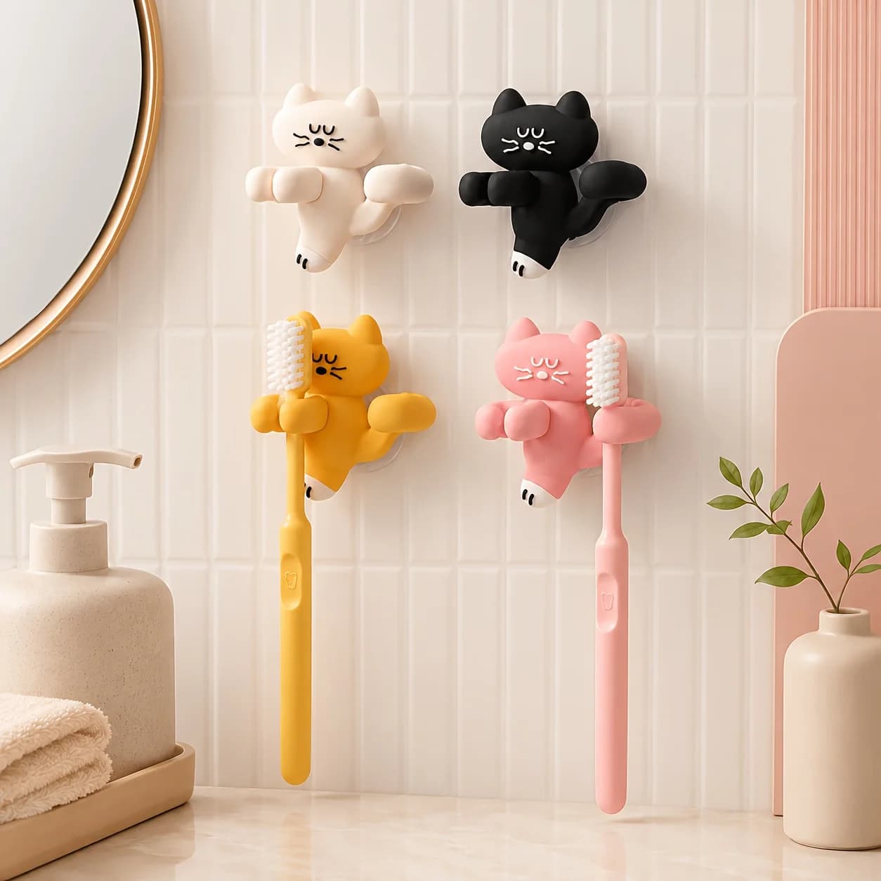 1Pc Cute Cat‑Shaped Suction‑Cup Toothbrush Holder, Punch‑Free Wall‑Mounted Bathroom Storage Organizer for Toothbrushes