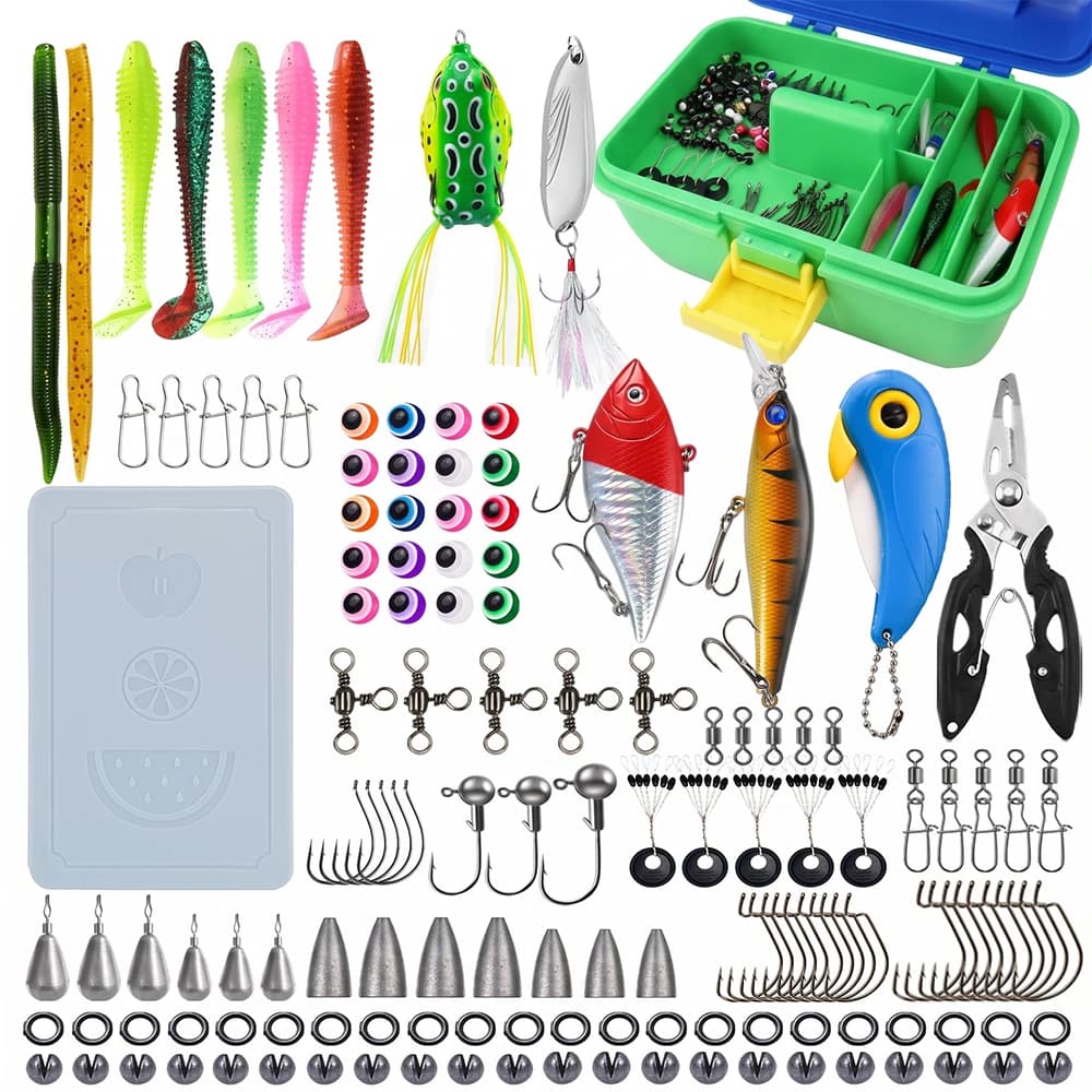 144Pcs Fishing Tackle Set Lures Baits Kit with Portable Box Soft Worm Frog Hooks Pliers for Kids Beginner Bass Freshwater