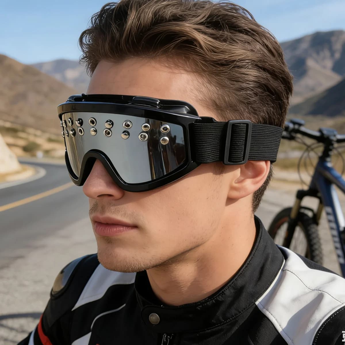 Occhiali da Moto Punk con Rivetti, Antivento, per Ciclismo e Sci, Protezione UV, per Festival Musicali, Feste e Cosplay, per Uomini e Donne
